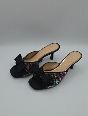 Alex Marie Black Bow Slide Sandals with Multicolor Crystal Accents